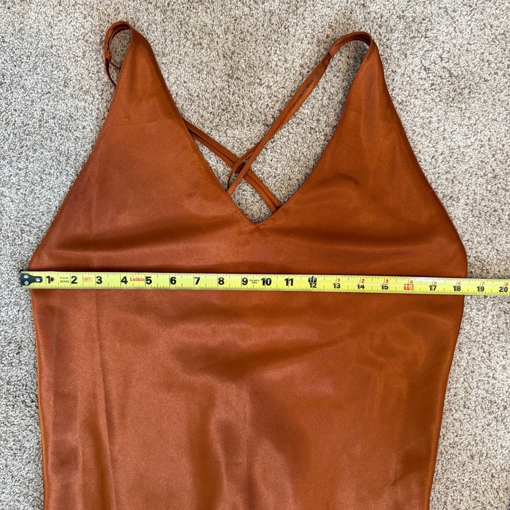 Frederick’s of Hollywood Burnt Orange Satin Slip Dress Maxi Strapy Sexy Large - Picture 8 of 9